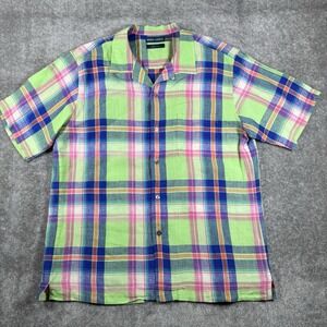 Grant Thomas Shirt Men's Large Plaid Linen Short Sleeve Loop Collar Resortwear
